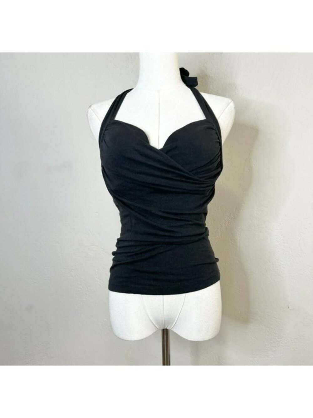 Victorias Secret IPEX Black Ruched Halter Top Built-in Bra 34C Cotton Y2K